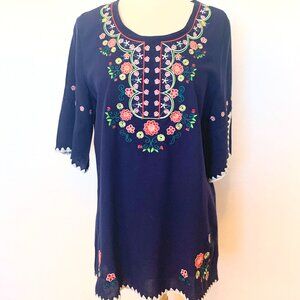 Navy blue cotton tunic top SZ Large Floral embroidery Short slit sleeves